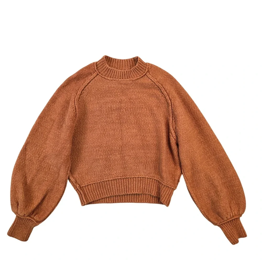 Free People Womens Rust Orange Mock Neck Lantern Sleeve Cropped Sweater sz Small